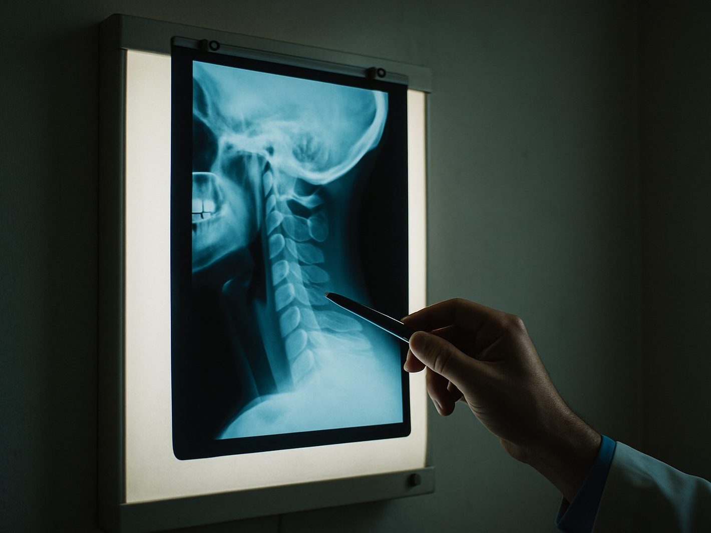 A cervical spine x-ray film clipped to a glowing lightbox in a dim clinic room, a clinician's hand pointing at the upper neck with a pen