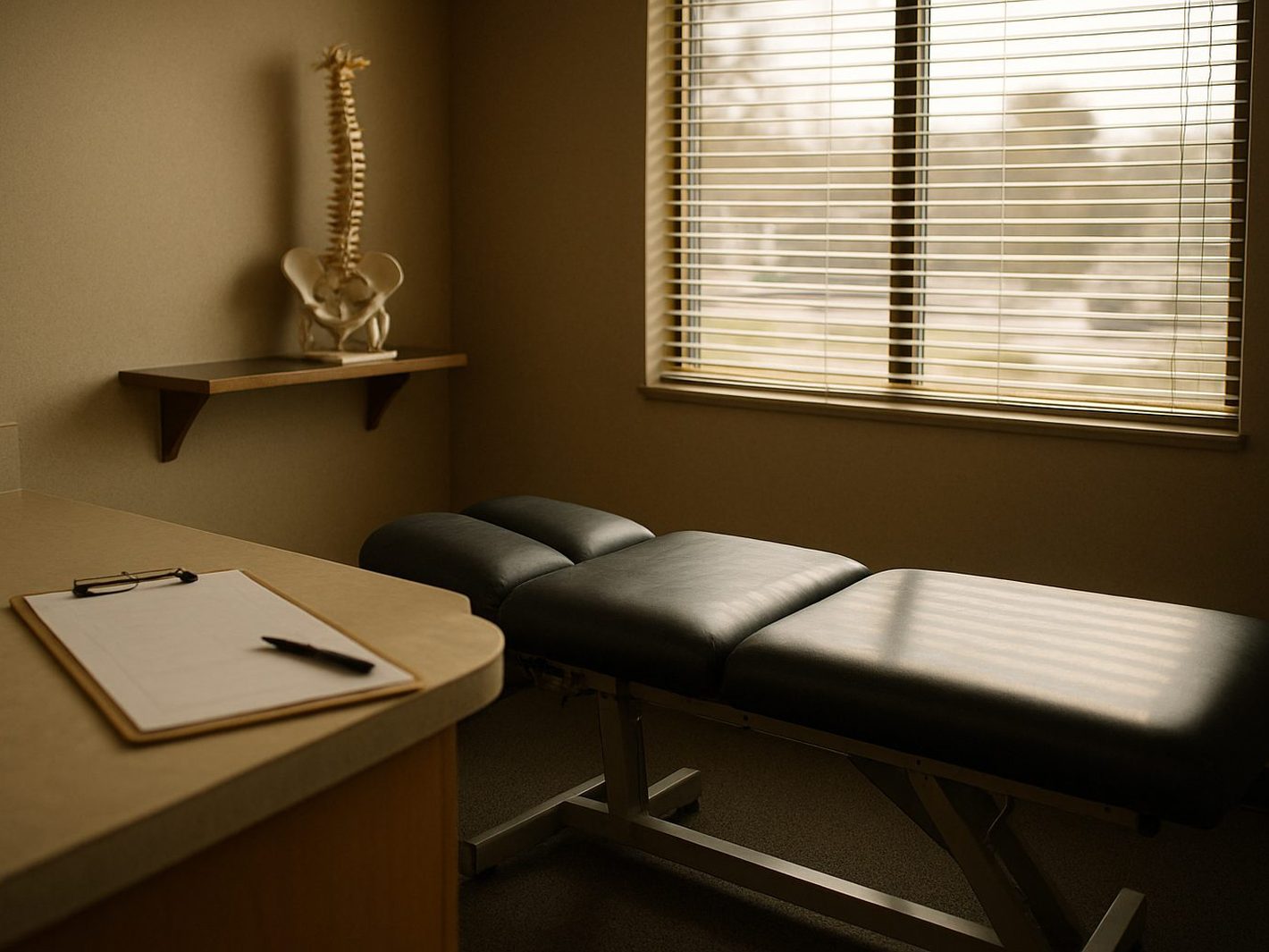 A quiet chiropractic exam room in morning light: a padded treatment table, a clipboard with a blank chart and a pen on the counter, a spine model on a shelf