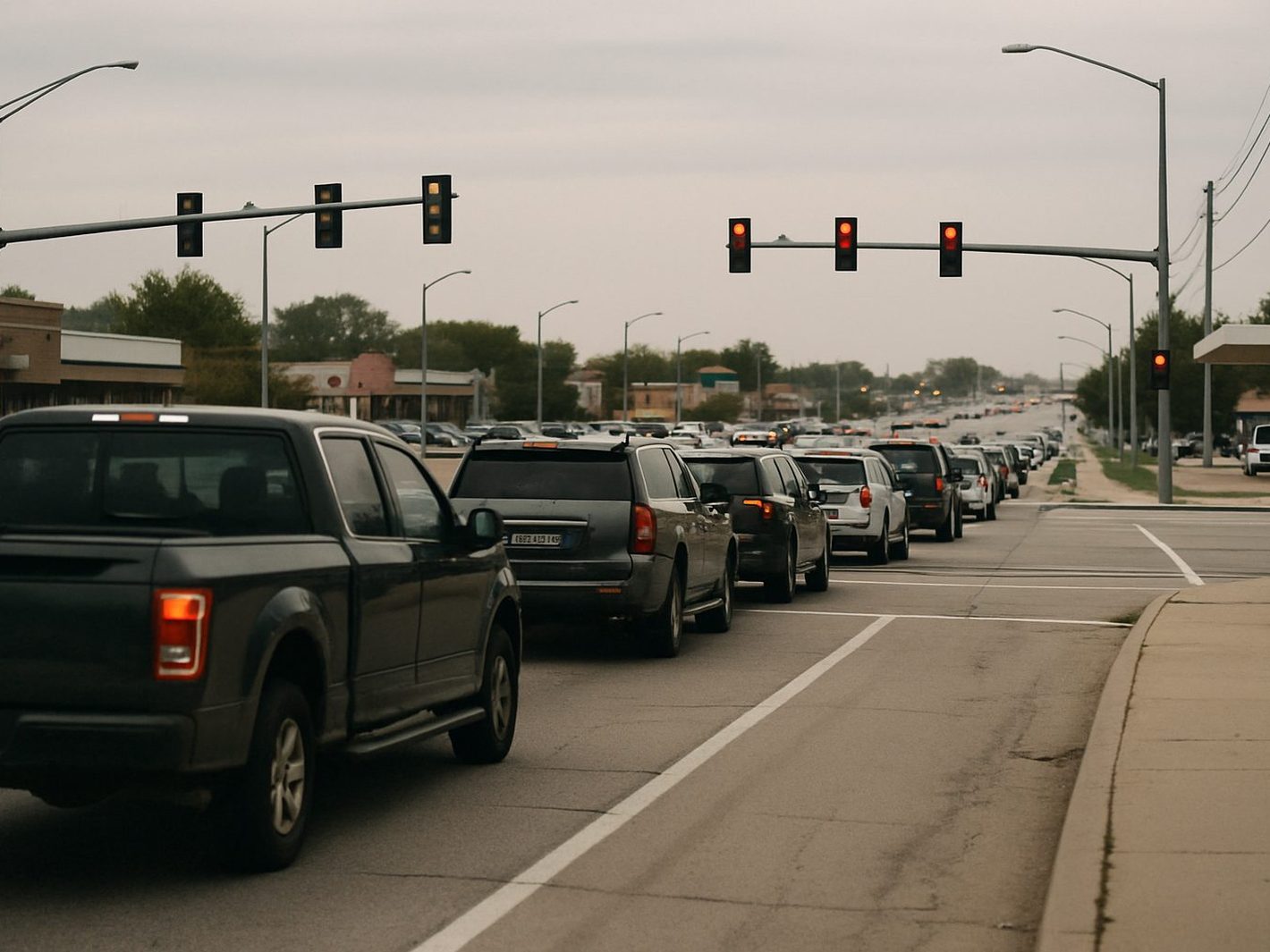 A line of pickups and SUVs waiting at a red light on a six-lane suburban arterial in O'Fallon, strip retail and signal masts under a flat gray sky