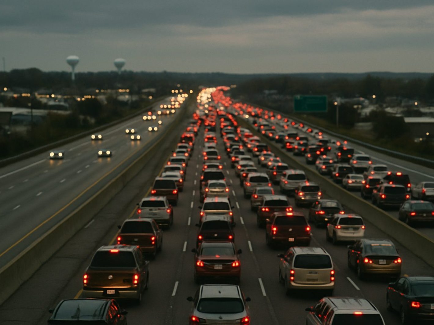 Westbound Interstate 70 through St. Peters at dusk, four lanes of brake lights in stop-and-go traffic with water towers on the horizon
