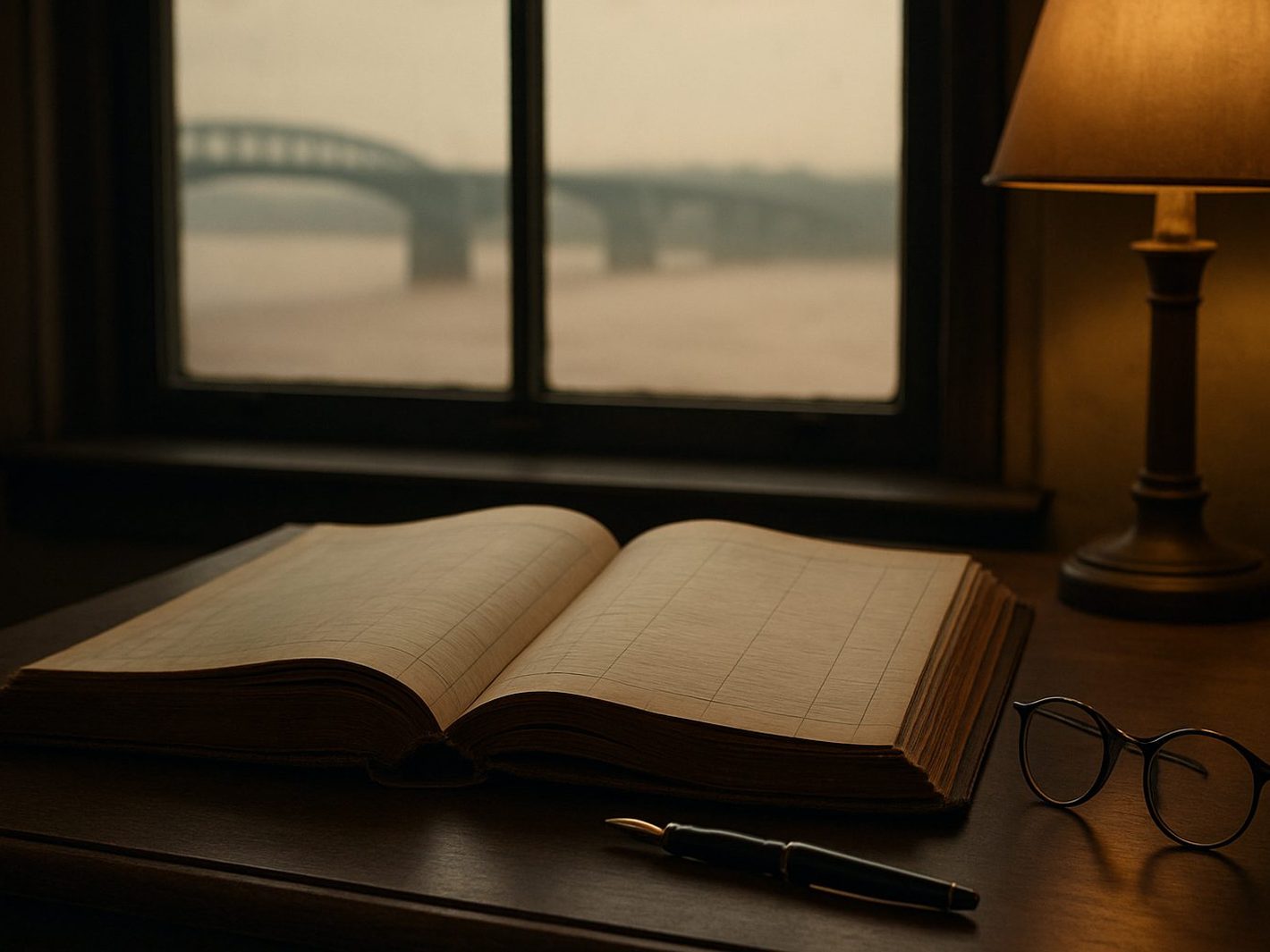 An old bound ledger lying open on a wooden desk beside a fountain pen and reading glasses, a lamp glowing, a bridge over a wide river hazy in the window behind