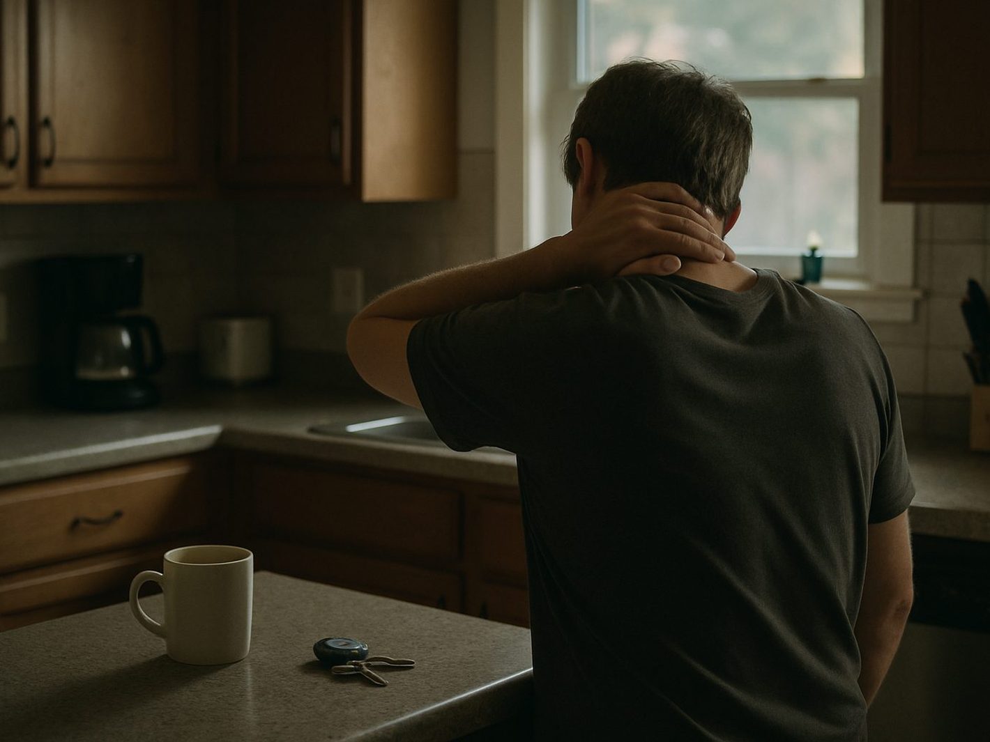 A man seen from behind at a kitchen counter on a dim morning, one hand pressed to the back of his neck, a coffee mug and car keys on the counter